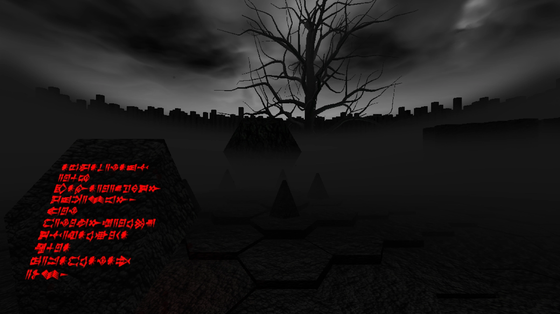 Cryptic red runes lie on a floating hexagonal slate. A dark, atmospheric tree is visible in the background. There is fog obscuring everything else, but the roiling dark cloudy sky.