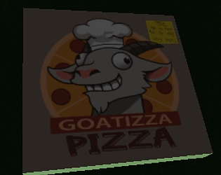 Pizza box with a logo of a goat on it.